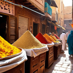 **Prompt 1: Vibrant Middle Eastern Spice Market**
    A bustling, vibrant Middle Eastern souk market. Heaps of colorful aromatic spices like saffron, turmeric, cumin, and paprika are displayed in large mounds. Sunlight streams into the narrow alleyways, illuminating the textures and creating an inviting, sensory atmosphere. Merchants are visible in the background, possibly interacting with customers, embodying the "symphony of scents."
