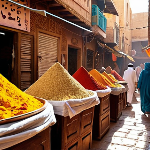 **Prompt 1: Vibrant Middle Eastern Spice Market**
    A bustling, vibrant Middle Eastern souk market. Heaps of colorful aromatic spices like saffron, turmeric, cumin, and paprika are displayed in large mounds. Sunlight streams into the narrow alleyways, illuminating the textures and creating an inviting, sensory atmosphere. Merchants are visible in the background, possibly interacting with customers, embodying the "symphony of scents."