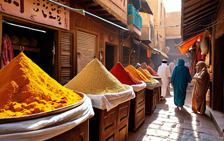 **Prompt 1: Vibrant Middle Eastern Spice Market**
    A bustling, vibrant Middle Eastern souk market. Heaps of colorful aromatic spices like saffron, turmeric, cumin, and paprika are displayed in large mounds. Sunlight streams into the narrow alleyways, illuminating the textures and creating an inviting, sensory atmosphere. Merchants are visible in the background, possibly interacting with customers, embodying the "symphony of scents."