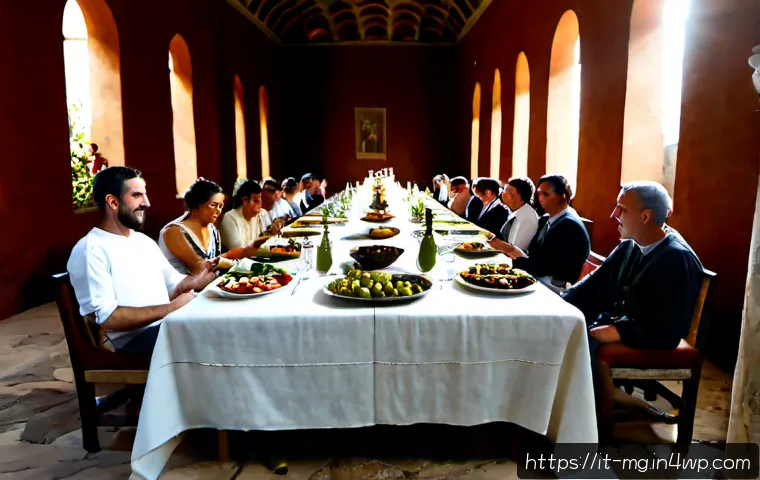 고대 로마의 미식 문화 - Photorealistic ancient Roman gourmet banquet in a sunlit Pompeian villa triclinium, elegantly dresse...