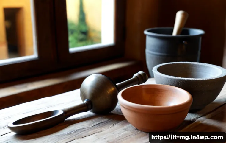 Home 13 음식 역사 속의 도구 발전 - Photorealistic still life showing the evolution of Italian food preparation tools, arranged in a cle...