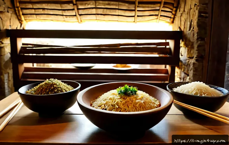 아시아 음식의 역사적 변천사 - Photorealistic museum-style culinary scene illustrating the historical evolution of Asian cuisine, a...